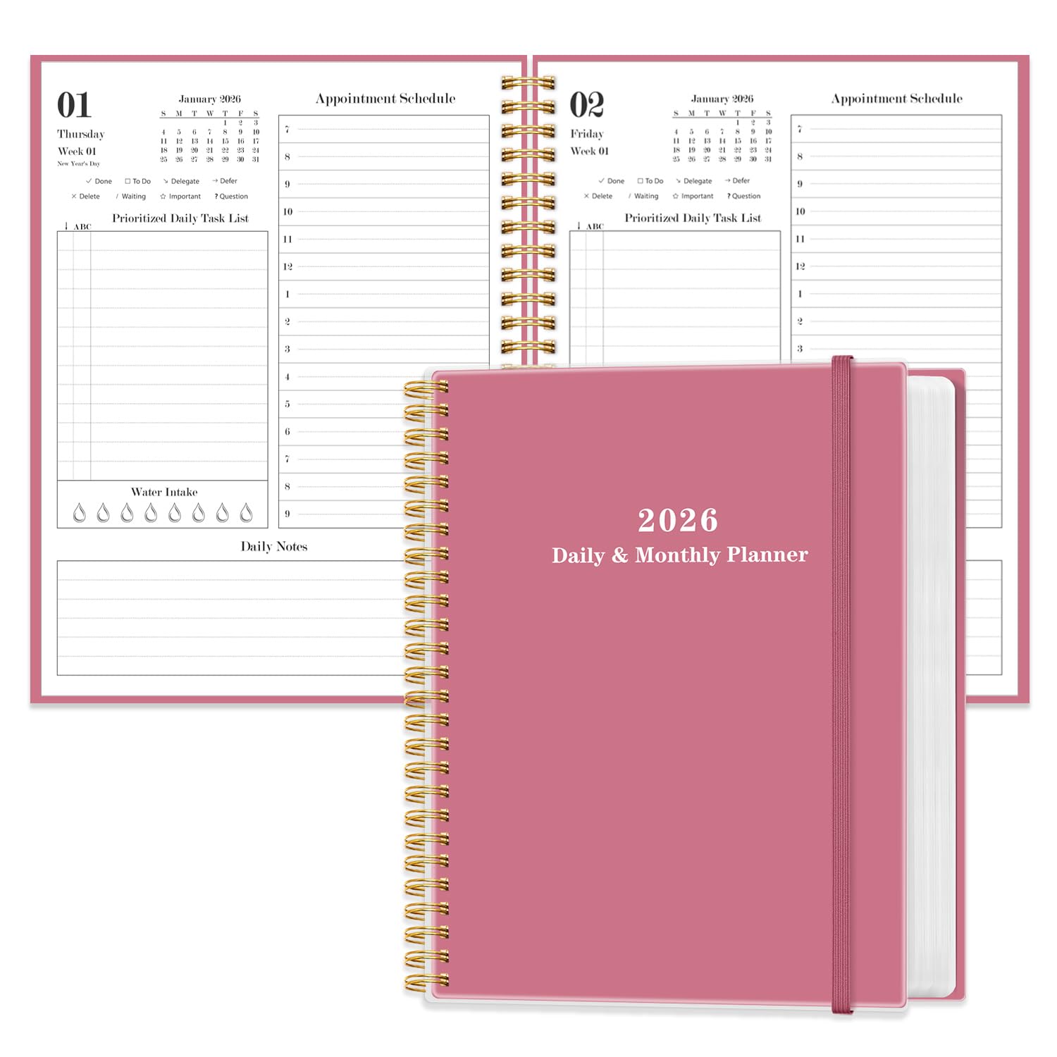Daily Planner 2026 - Full Page Per Day, Jan 2026 to Dec 2026, 2026 Daily Planner with Spiral Bound, Inner Pocket, Perfect for School Office Supplies,