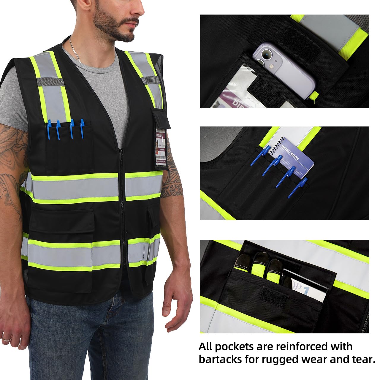 Dib Safety Vest Reflective ANSI Class 2, High Visibility Vest with Pockets and Zipper, Construction Work Vest Hi Vis