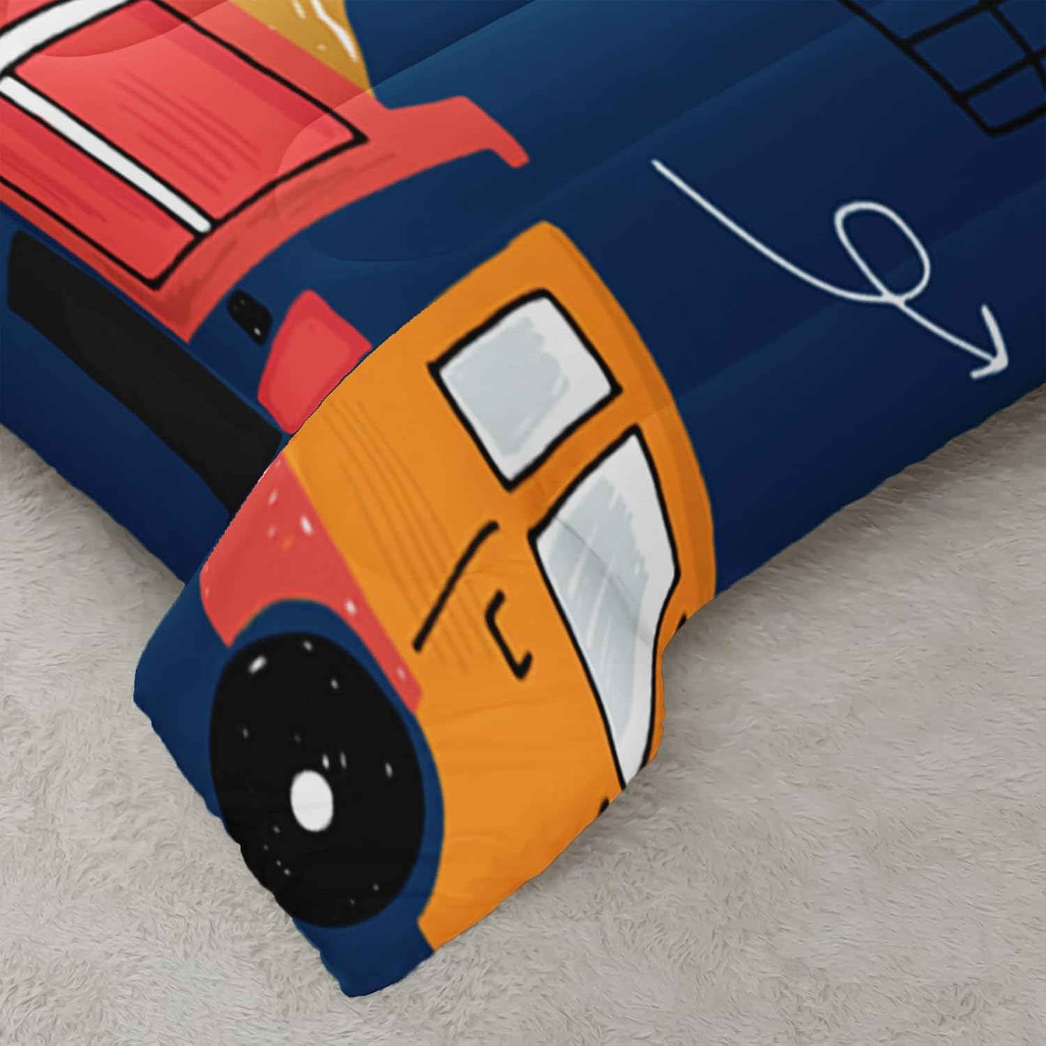 QOOMO Construction Kids Comforter Set for Boys Girls 3 Pieces Queen Size Dark Blue Cartoon Truck Cars Bedding Set Room Decor Equipment Excavator Tractor Quilt with 1 Comforter and 2 Pillowcases
