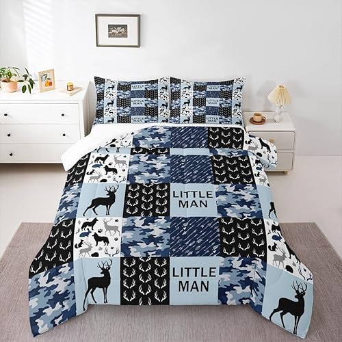 Miniatura 5 de Manfei Juego de edredón de camuflaje con cuernos de ciervo tamaño individual, juego de ropa de cama de retazos geométricos de 2 piezas para niños,