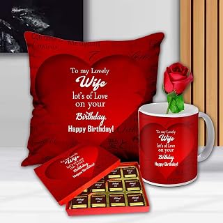 Midiron Birthday Gift For Wife | Special Birthday Combo For Wife, Romantic Birthday Gift Hamper For Wife/Girlfriend Cushion 12X12 Inch, Mug, Chocolates & Artificial Rose, 400 Grams, 400 Gram