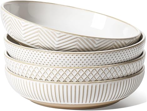 LE TAUCI Pasta Bowls 46oz, Large Salad Bowl, Ceramic Serving Plate, House-warming Wedding Present, Embossment Stoneware Bowl for Fruits, Noodle, Dinner - 9 Inch, Set of 4, Arctic White