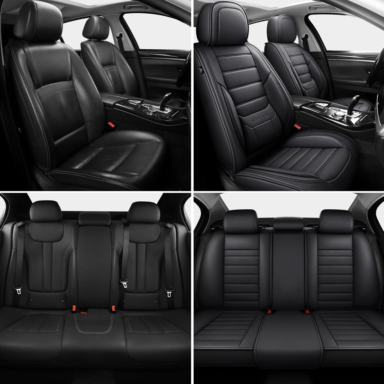 MINGBRON Black Car Seat Cover with Lumbar Support, Car Seat Protector Waterproof, Nappa Leather Car Seat Cushion, Car Seat Covers Front Seats and Back Fit for Most Cars Black 2 Full Set