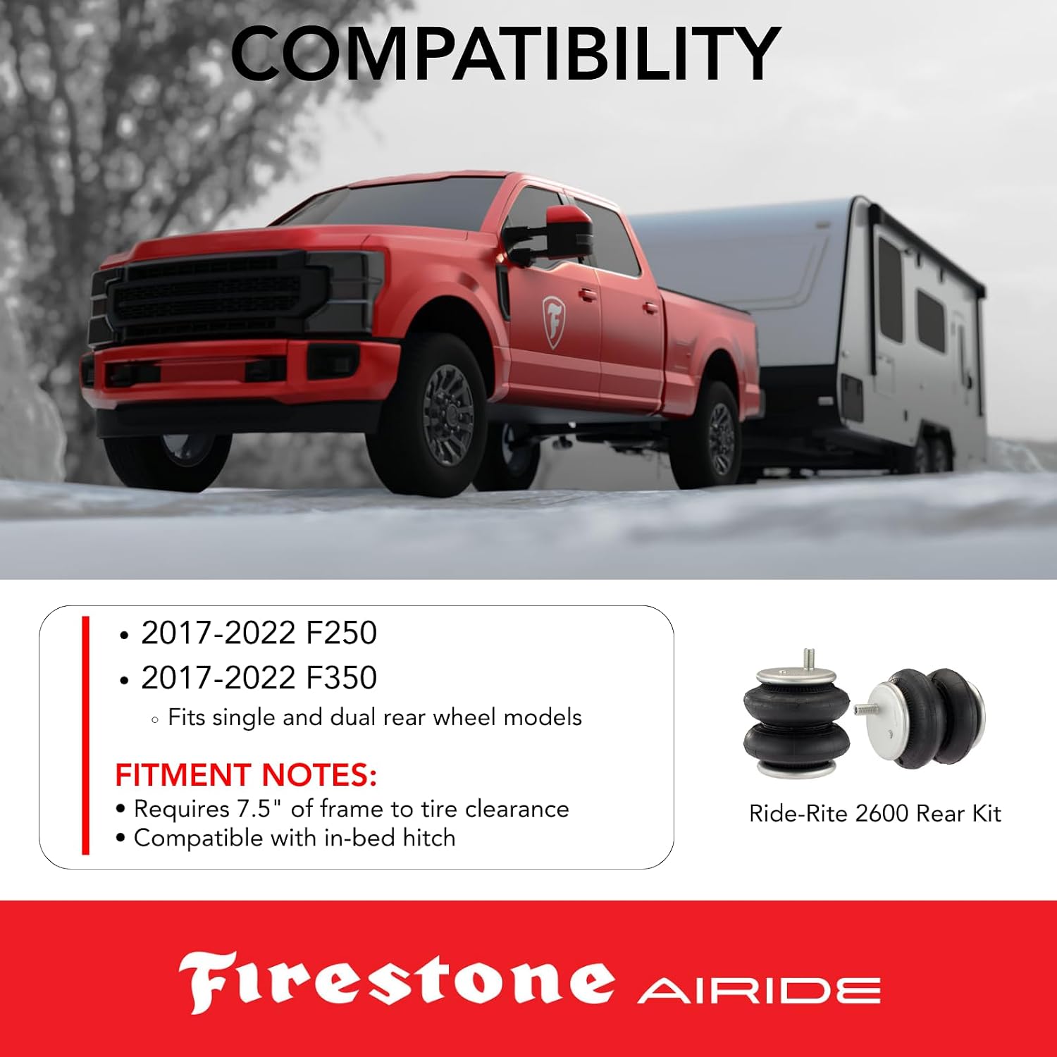 Firestone Airide 2600 Ride-Rite Rear Air Springs Kit fits 2017-2022 F250 F350 2WD | 20-100 PSI | No Drill Installation | Load Capacity of 5,000 Pounds | Levels Headlight Beams