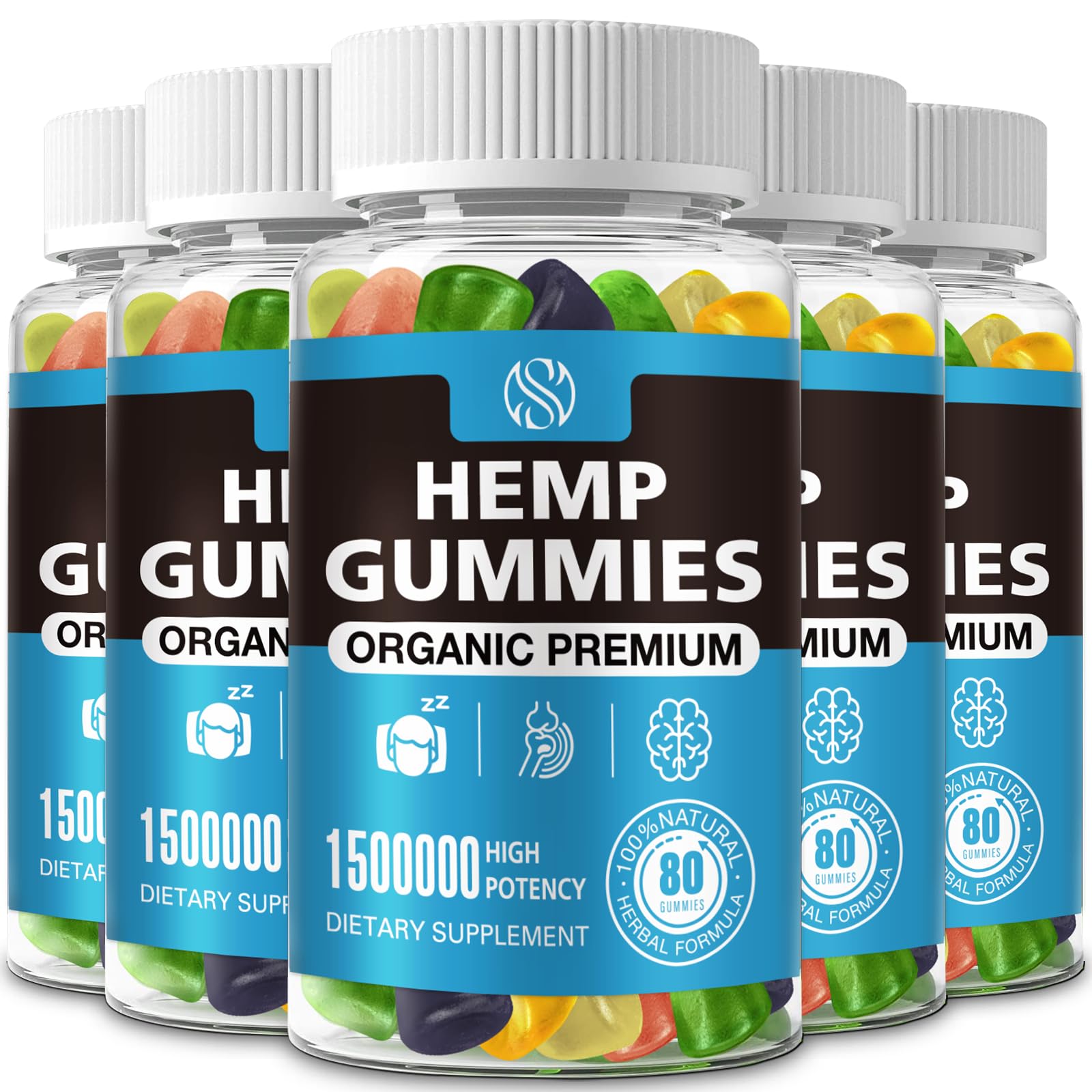 5PCS Hemp Gummies with Natural Pure Hemp Oil Extract Extra Strength Edible Supplement