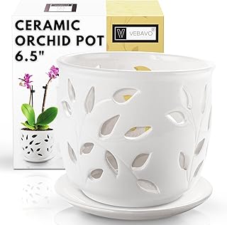 VEBAVO Orchid Pot Ceramic 6.5 inch, Healthy Air Circulation and Drainage Orchid Pots with Holes, Easy Plant Repotting Orchid Planter for Plants Lovers, Indoor/Outdoor Orchid Pots for Repotting