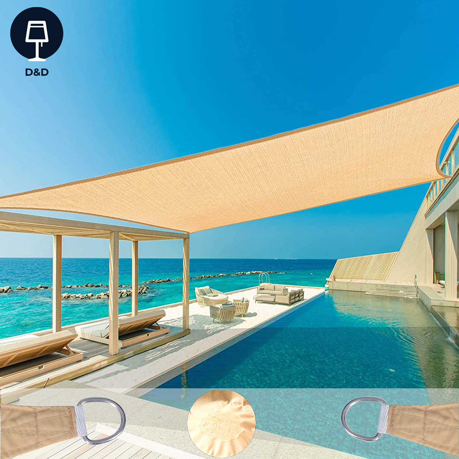 D&D Waterproof Sun Shade Sail Sand Large Size Square 5x6M 5x7M UV Block Durable Outdoor Canopy Sail Shade Cloth for Patio Garden Outdoor Backyard (5X7M)