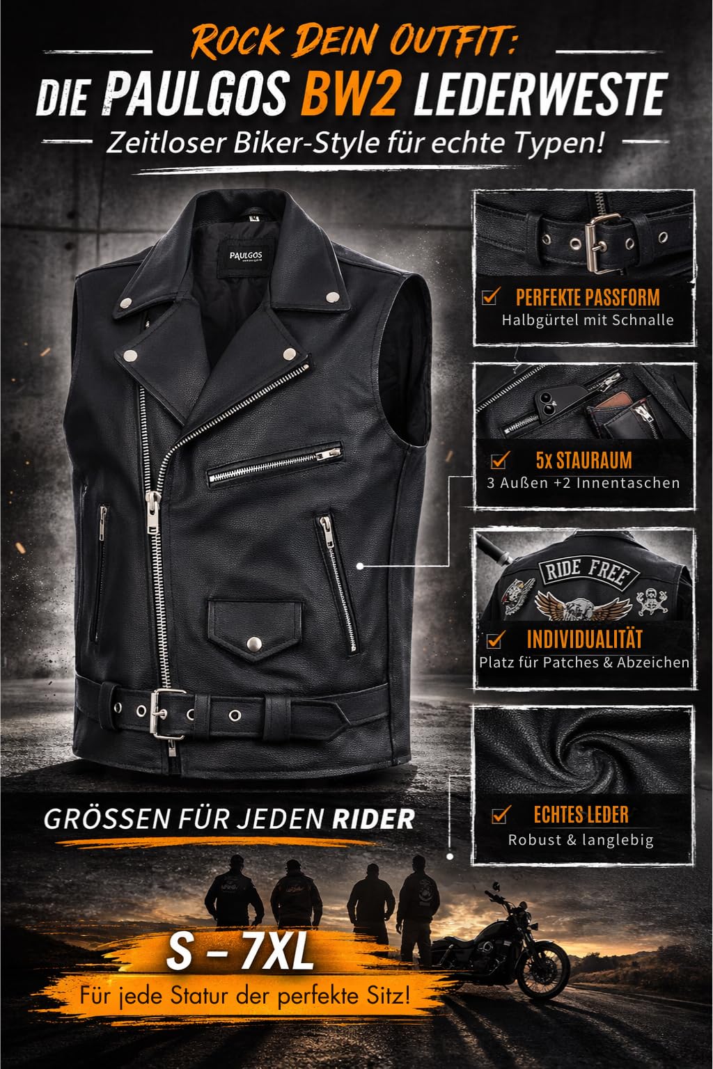 PAULGOS Lederweste Weste Kutte Leder Biker Rocker Motorrad Clubweste Bikerweste Motorradweste Schwarz BW2