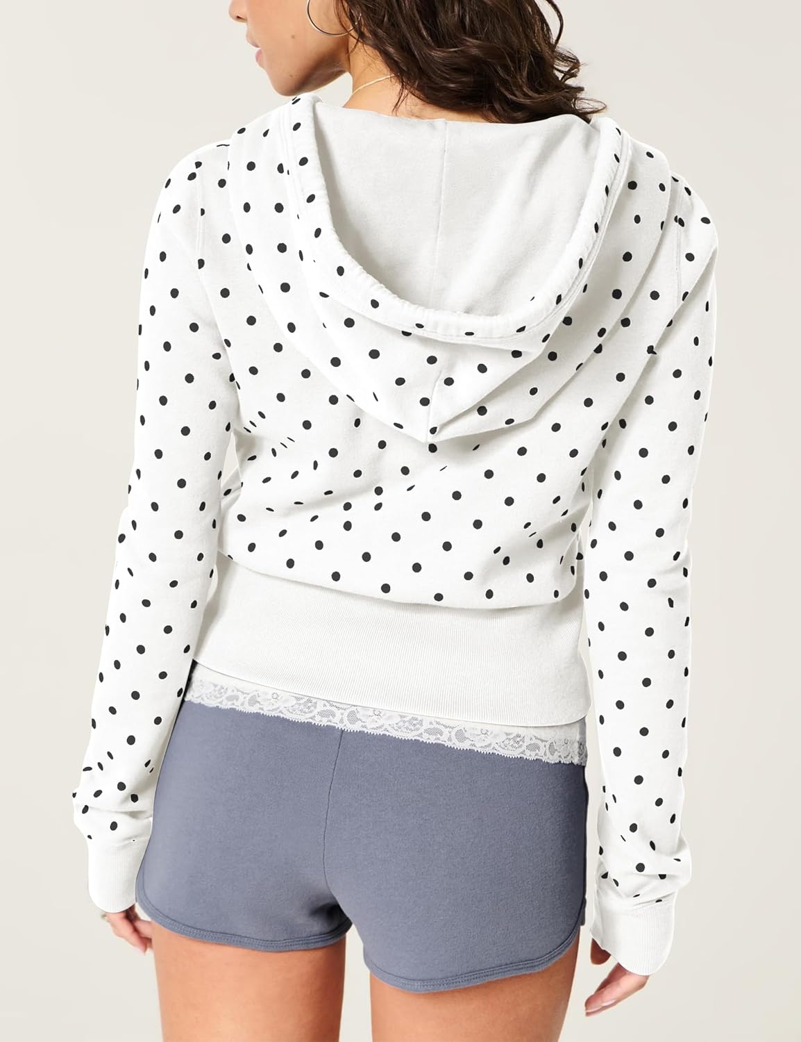 Lauweion Womens Polka Dot Cropped Zip Up Hoodie Casual Fleece Zipper Graphic Hooded Sweatshirt