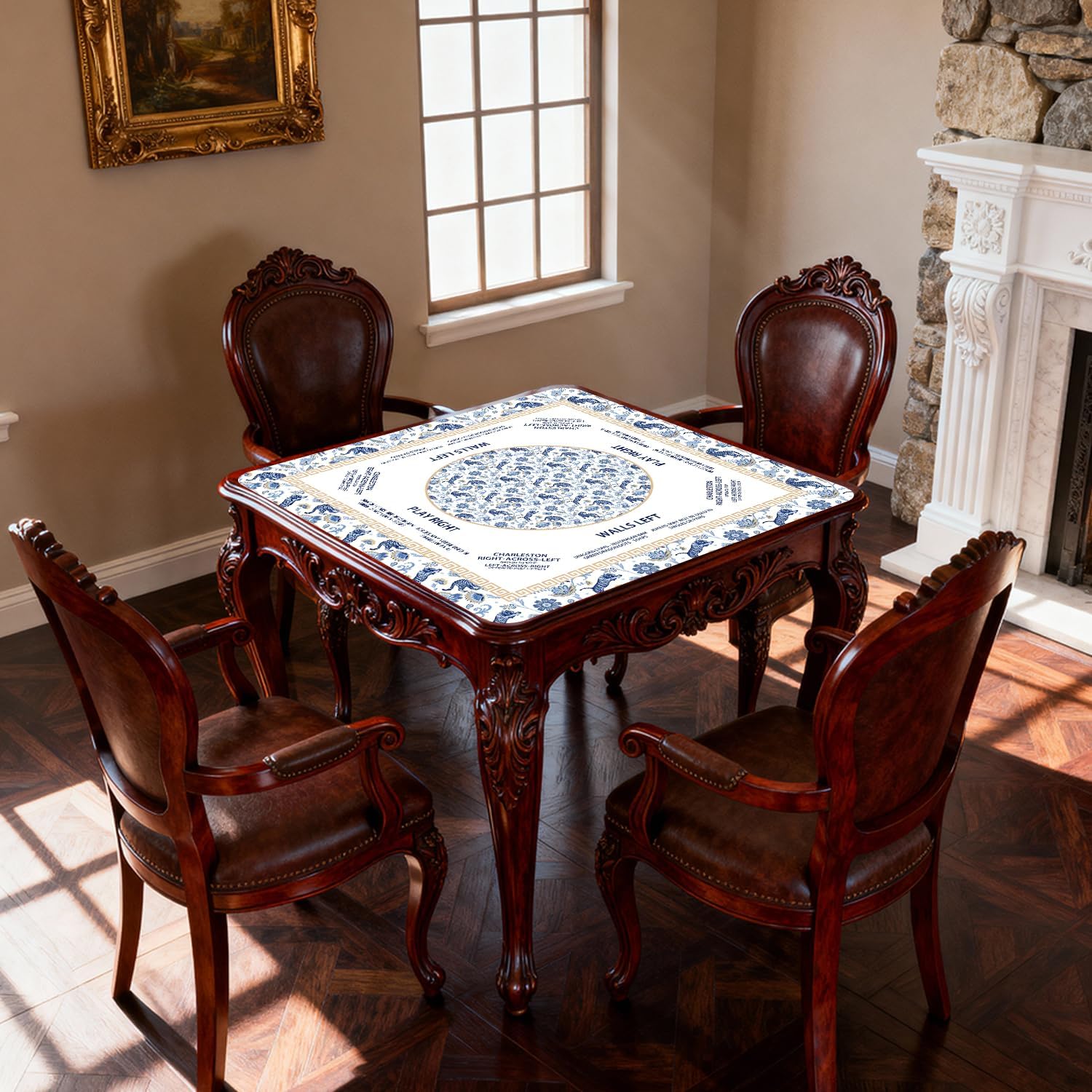 Chinoiserie Blue Tiger Mahjong Mat for Table 31.5 x 31.5 in | Boho Floral Tiger Non-Slip Noise Reduction Mahjong Table Cover Tablecloth for Card Poker Dominoes Dice and Board Games