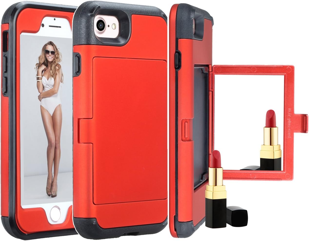 iPhone 8 Case, iPhone 7 Case, Solomo Wallet Case Design with Hidden Back Mirror and Card Holder Heavy Duty Protection Shockproof Armor Protective Case for Apple iPhone 8, 4.7 inch (Red)