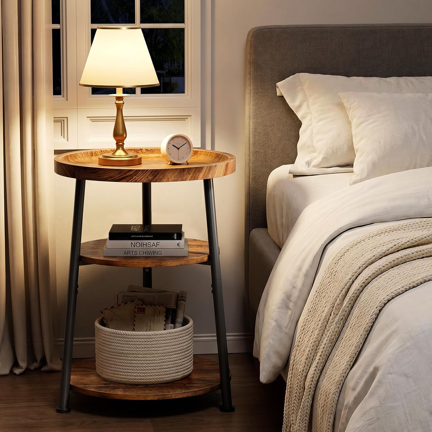 Round Side Table 3-Tier end Table for Living Room, Small Nightstand 15.75in