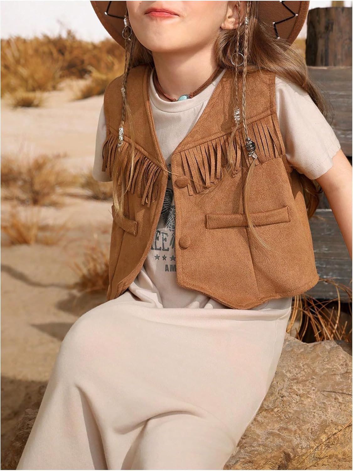 Girl's Tassels Sleeveless Vest 70s Hippie Faux Suede Boho Western Cowgirl Fringe Jacket Cardigan - Image 5