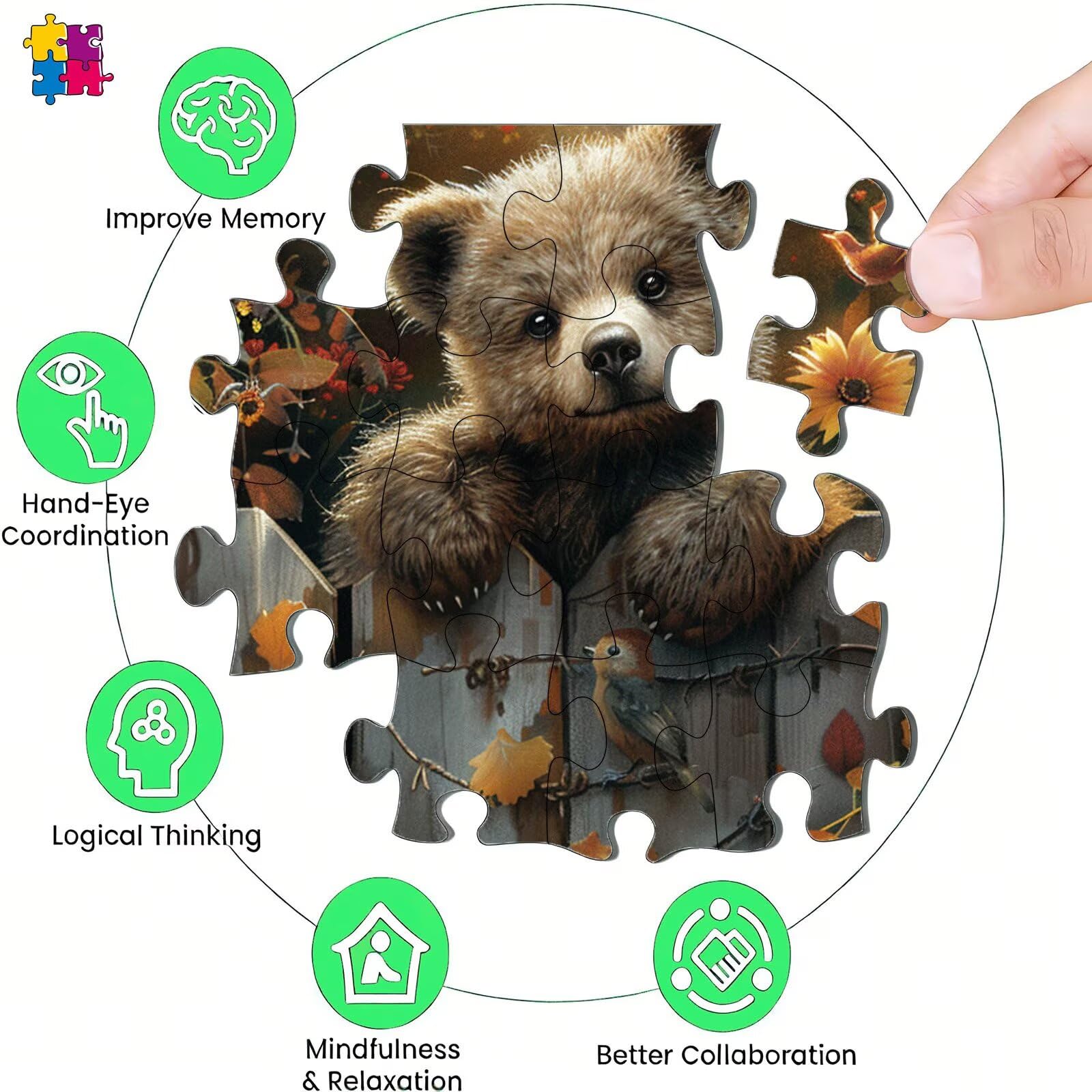 Puzzle 1500 Teile, Kleiner Bär Blume Holzpuzzle Erwachsene, mit Geschenkbox, Impossible Geschicklichkeitsspiel für Ganze Familie, Präzise Passform & Intensive Farben, Puzzlespiel Entspannung s7h-549