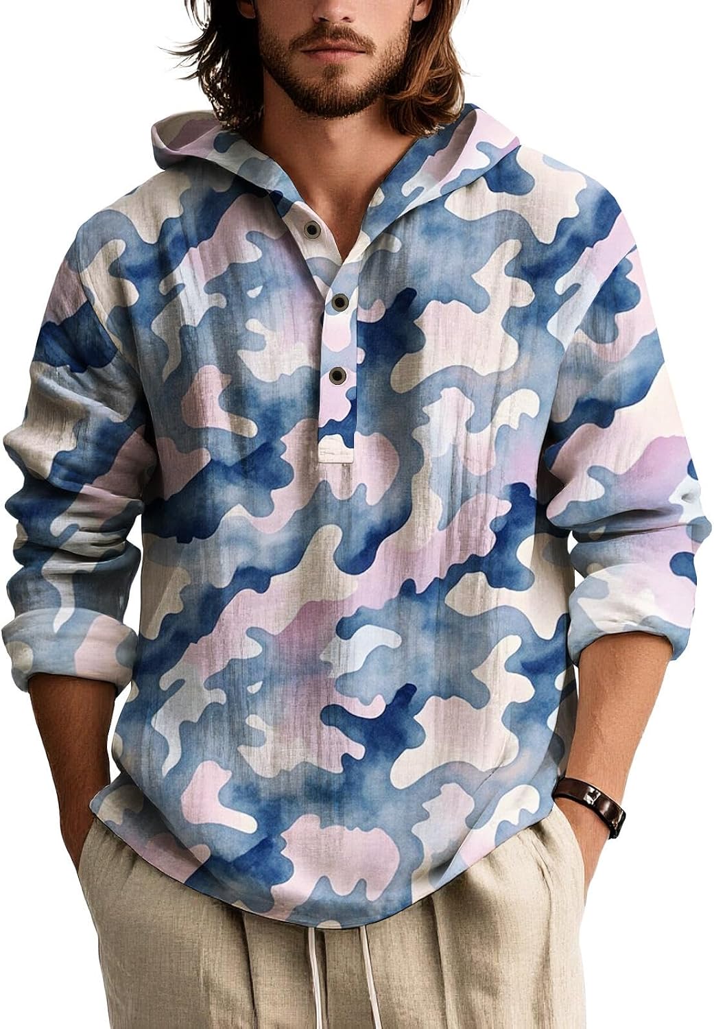 BIVENANT Men Camo Hoodies 1/4 Button Shirts Graphic Long Sleeve Gradient Pullover Tops Sweatshirt Hooded Hunting Clothes