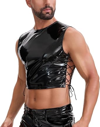 Mens Glossy Leather Cropped Tank Top, Sexy Drawstring Pullover Cami Vest, Slim Fitted Motorcycle Jacket Party