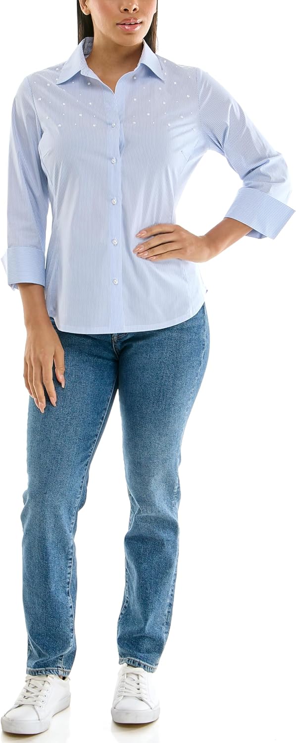 Zac & Rachel Womens 3/4 Sleeve Poplin Shirt with Fashion Details and Knit Insert for Comfortable Fit - Image 2