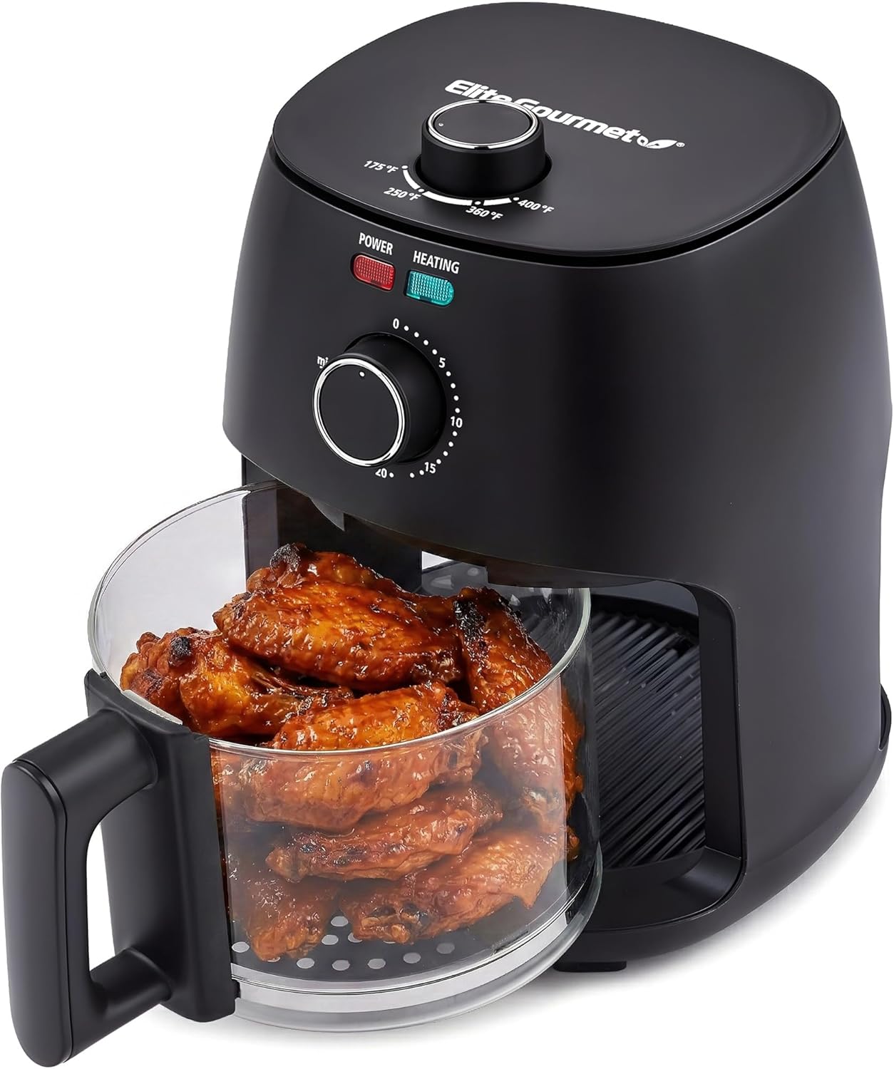 Elite Gourmet 2.4 Qt Glass Air Fryer - Compact PFAS-Free Ceramic Basket, Visible Cooking for 1-2 People, 175-400°F Black