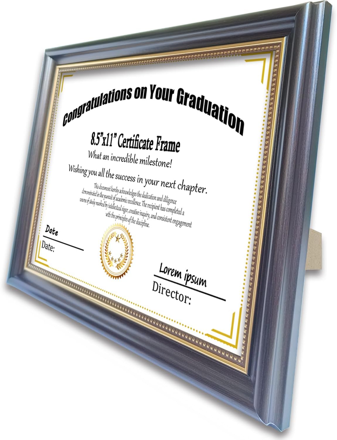 8.5x11 Diploma Frame for Wall and Tabletop - Classic Walnut Brown Certificate Display with Gold Bead Accents, Gold Trim & HD Plexiglass, Degree Document Frame