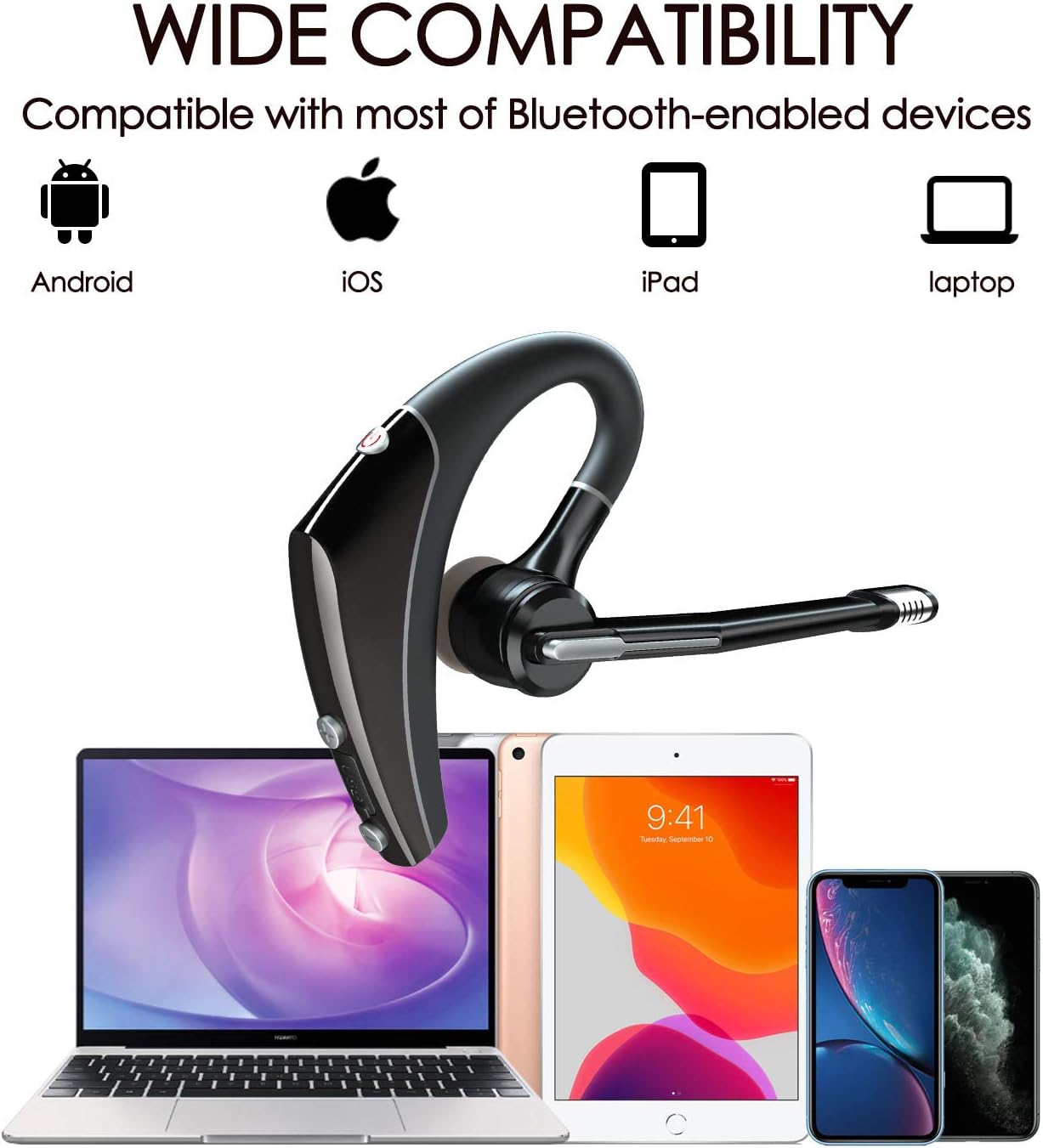 HOMOGO Bluetooth Headset, V5.0 Hands-Free Wireless Earpiece for Cell Phones, Bluetooth Earpiece Work for Business/Office/Driving (Gray)