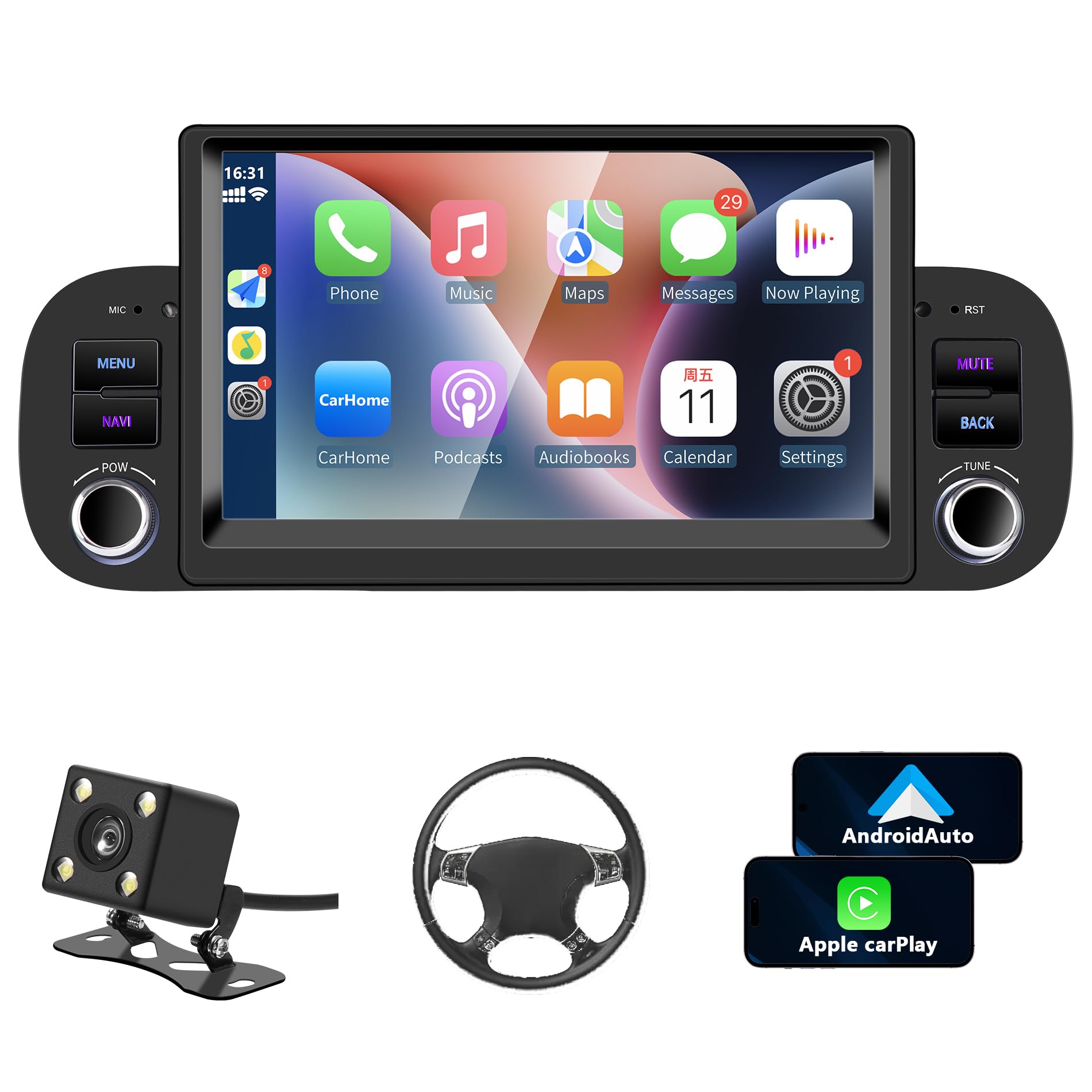 Autoradio Fiat Panda 2013-2020 con Android Auto y CarPlay Inalámbrico, 7" Pantall Radio Coche Bluetooth Estéreo IOS Android con FM GPS Navegación USB Cámara Trasera Mic Reproductor Multimedia