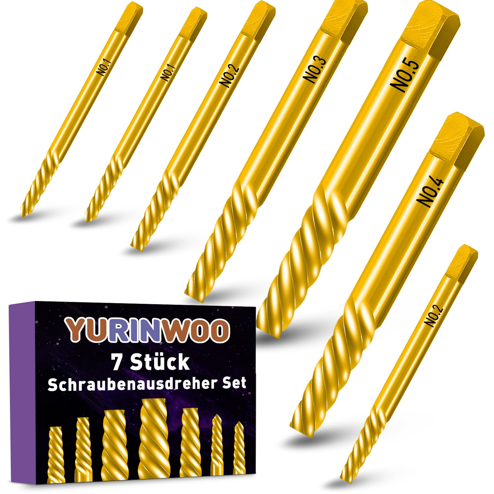 7 PCS Titanium-Plated Screw Extractor Set, Chrome Vanadium Steel, Easy Out Damaged Screw Bolt Extractor Set