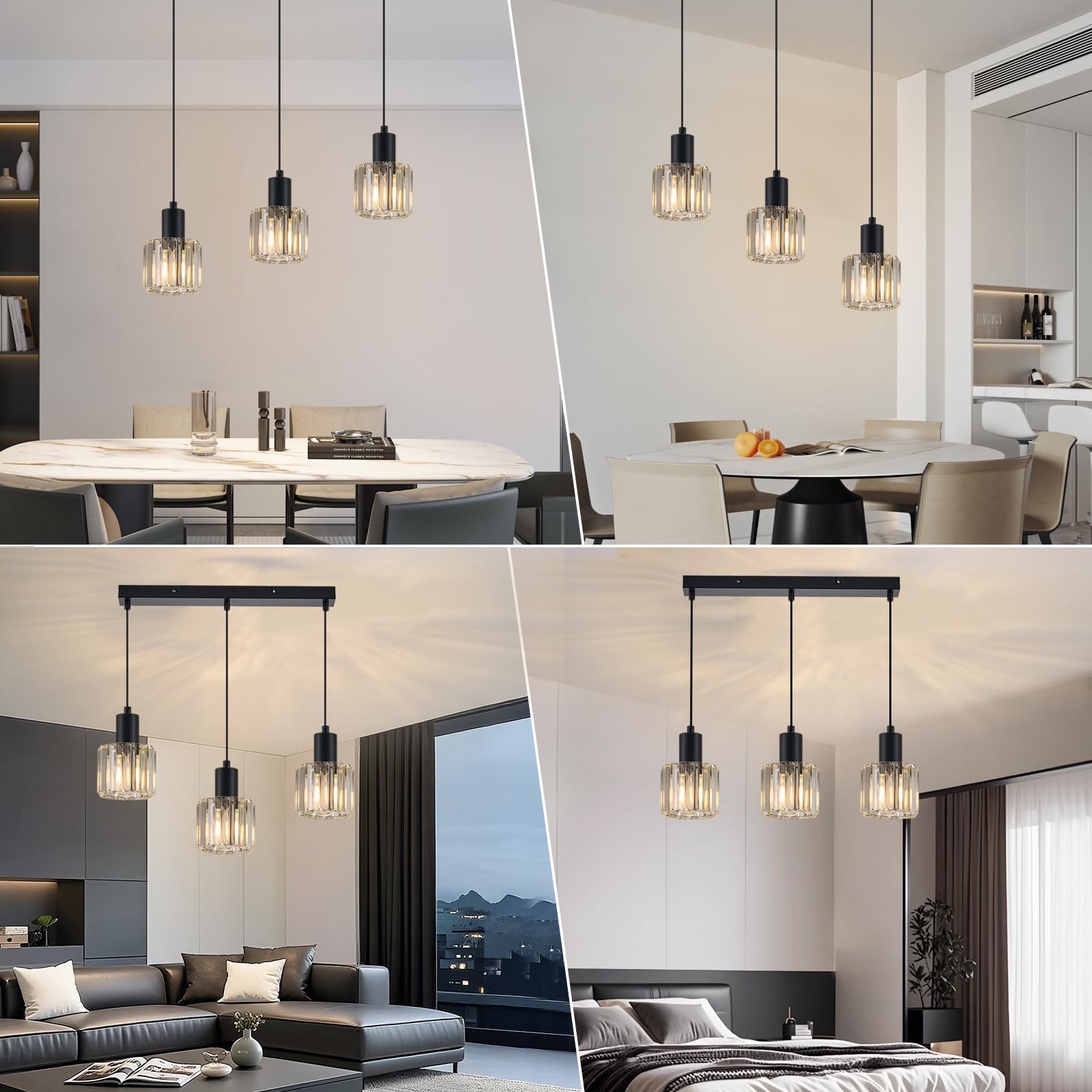 Suspension noire Lampe suspendue pour table à manger Lampe suspendue à 3 ampoules E27 Lampe de cuisine rétro Lampe de salle à manger Lampe de salon Lampe suspendue industrielle (Transparent)