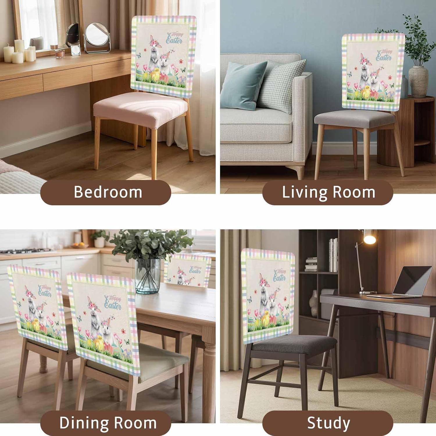 Savannan Dining Chair Back Covers, Happy Easter Rabbit Eggs Chick Colorful Buffalo Check Chair Covers Chair Slipcovers Protective Covers for Holiday Party Festival Decoration, Set of 6