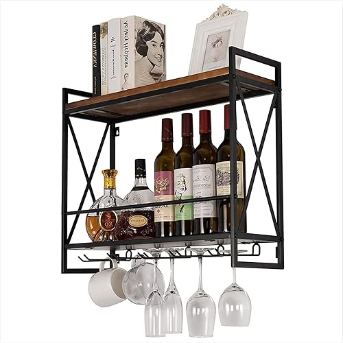 Estante para vinos, industrial montado en la pared, soporte de botella de metal rústico, estante de vidrio, estantes flotantes de madera de 2