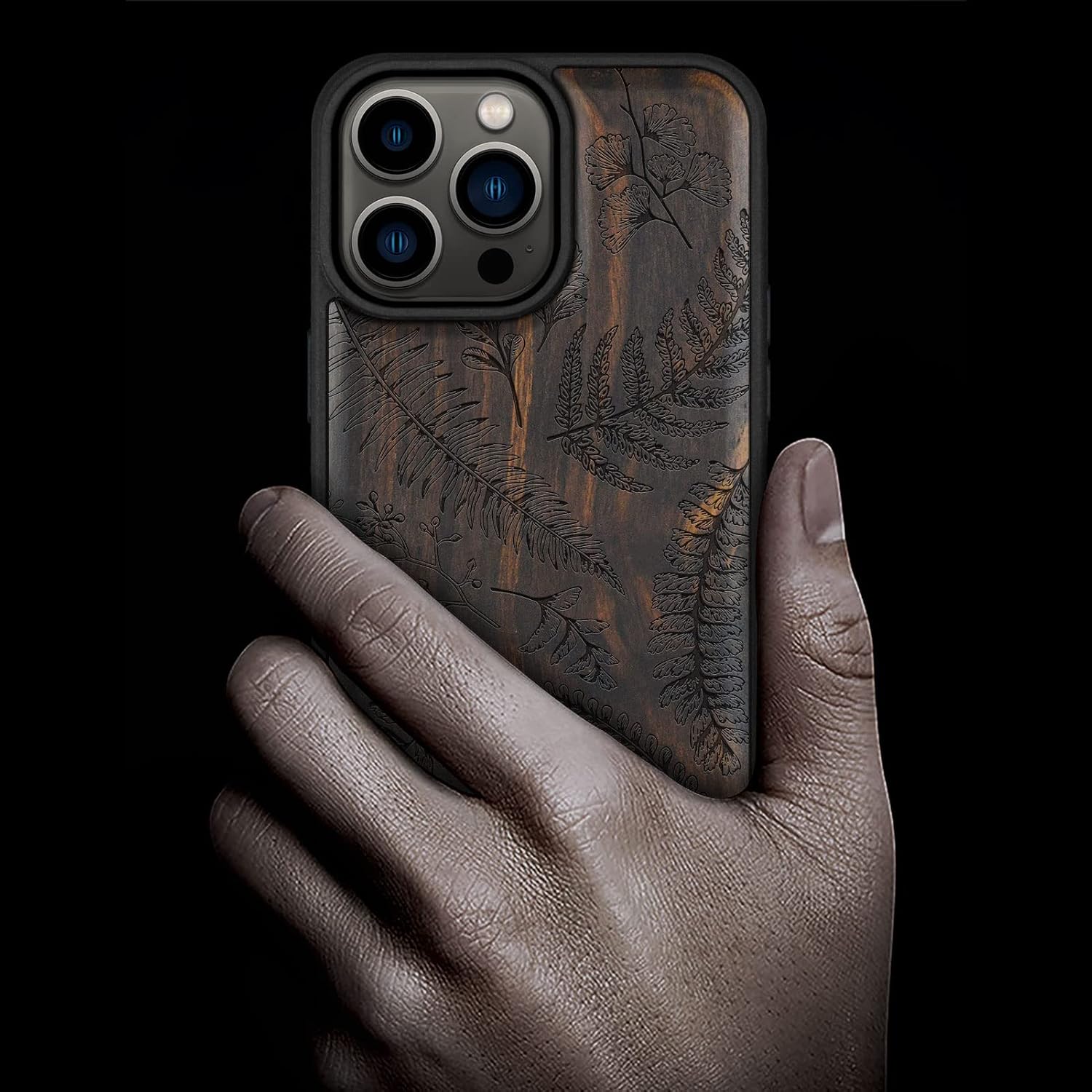 Carveit Magnetic Wood Case for iPhone 14 Pro Max [Natural Wood & Black Soft TPU] Shockproof Protective Cover Unique Wooden Case Compatible with magsafe (Fern Leaves & Herbs -Blackwood)