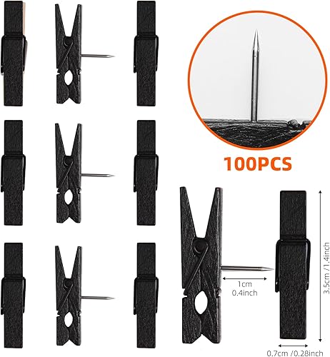Miniatura 2 de ZYFOFFICE - Paquete de 100 pines negros con clips de madera con resorte, tachuelas de corcho sin daños para obras de arte, fotos y notas