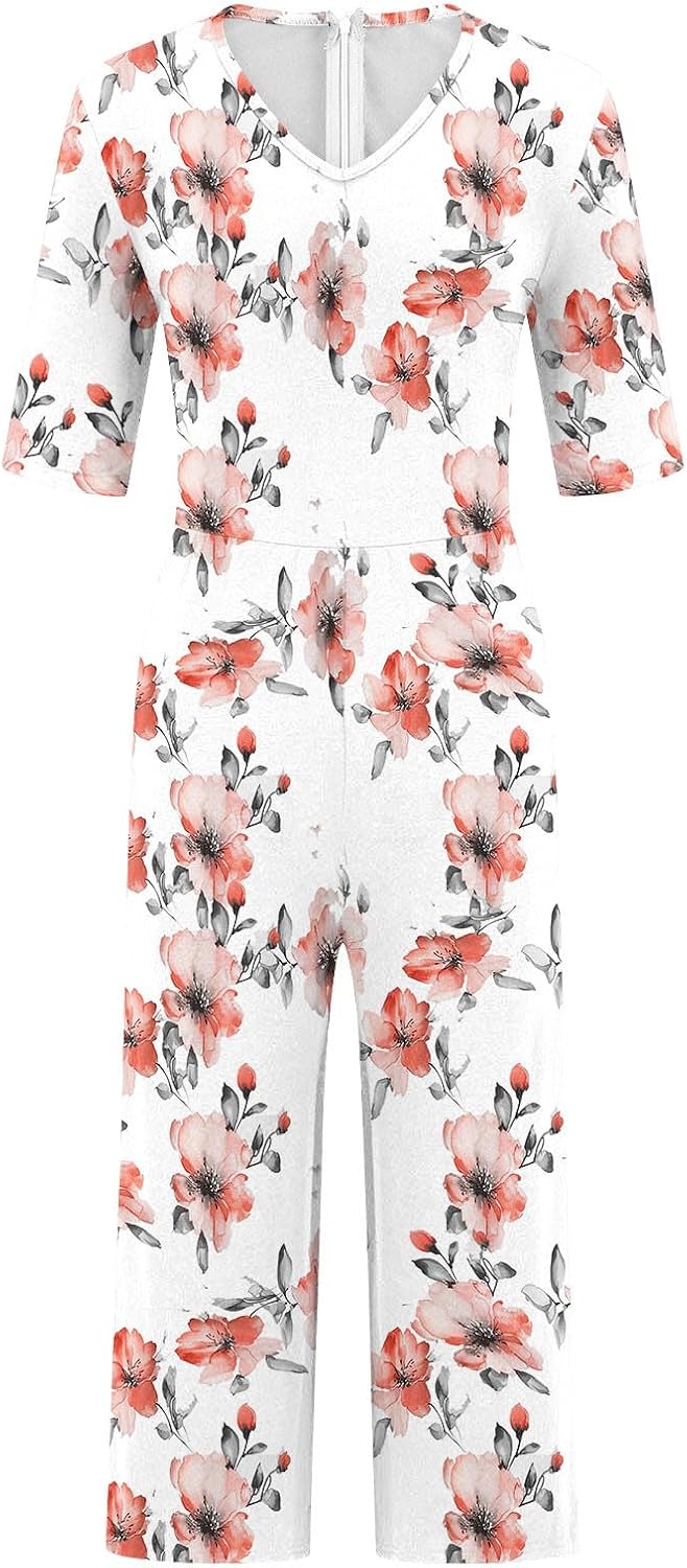 Women's Boho Floral Capris Jumpsuits Fashion V-Neck Short Sleeves Loose Comfy Romper Wide Leg Pants with Pockets White Medium