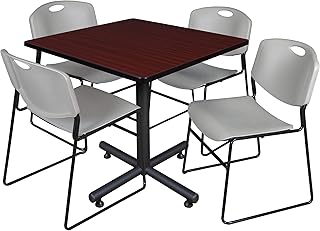 Regency Kobe 36-Inch Square Breakroom Table, Mahogany, and 4 Zeng Stack Chairs, Grey