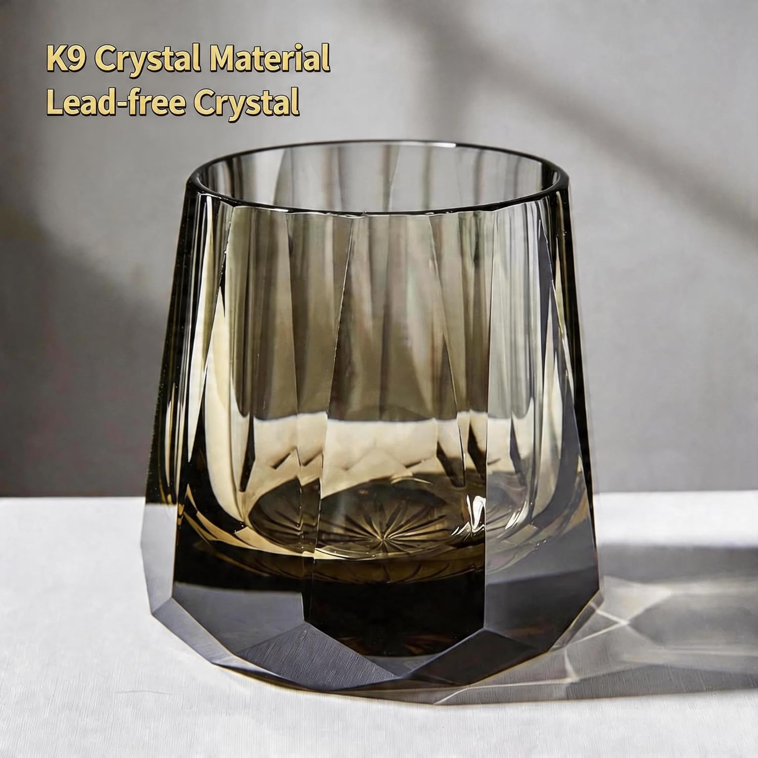 Smoky Grey K9 Crystal Whiskey Glass, Lead-Free Hand-Cut Diamond Faceted Tumbler, Heavy Base Rocks Glass for Scotch, Bourbon, Cocktails
