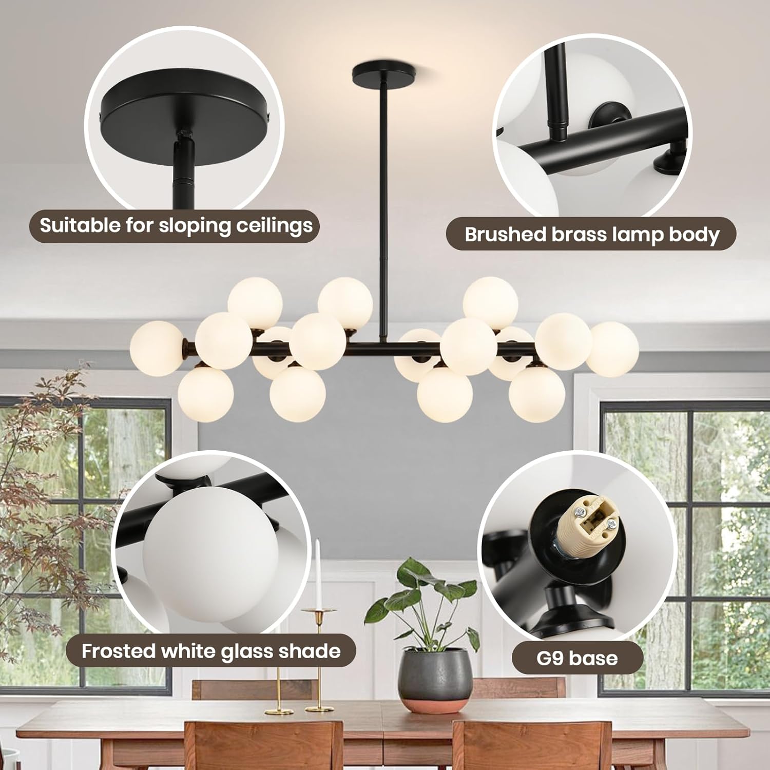 Dining Room Chandelier Light Fixtures Over Table, 16-Light Black Globe Chandelier, Mid Century linear Hanging Pendant Lighting Fixture with white glass Lampshade for kitchen island , Office, bar