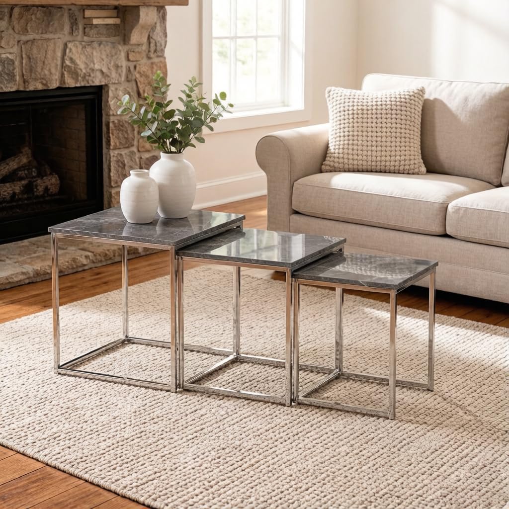 Quadratische Beistelltische 3er Set, Satztische fürs Wohnzimmer Couchtisch Wohnzimmertisch Set, Hochglanz Optik, Verchromtes Metallgestell, Stapelbar (Beton Grau)