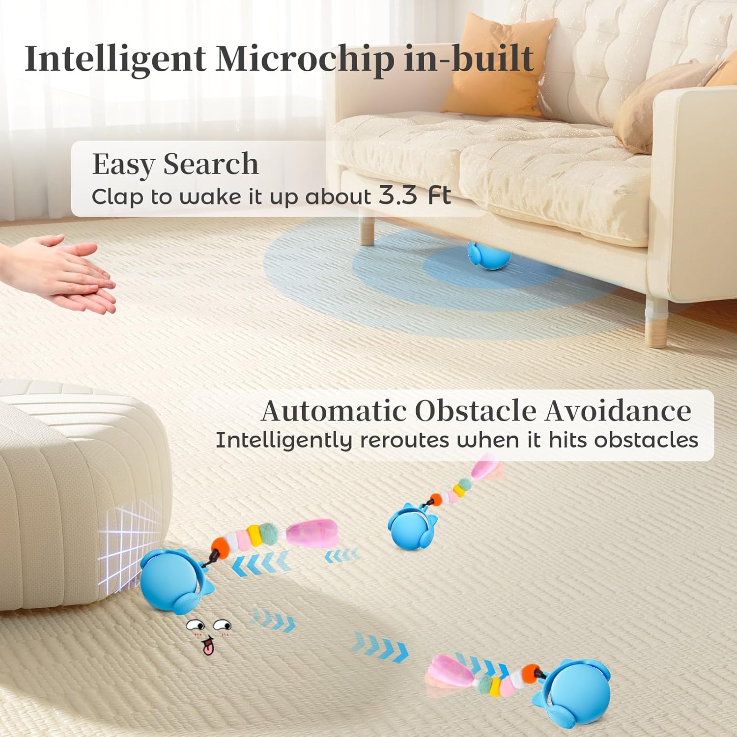 Diagram showing the toy ball avoiding obstacles and being found by clapping