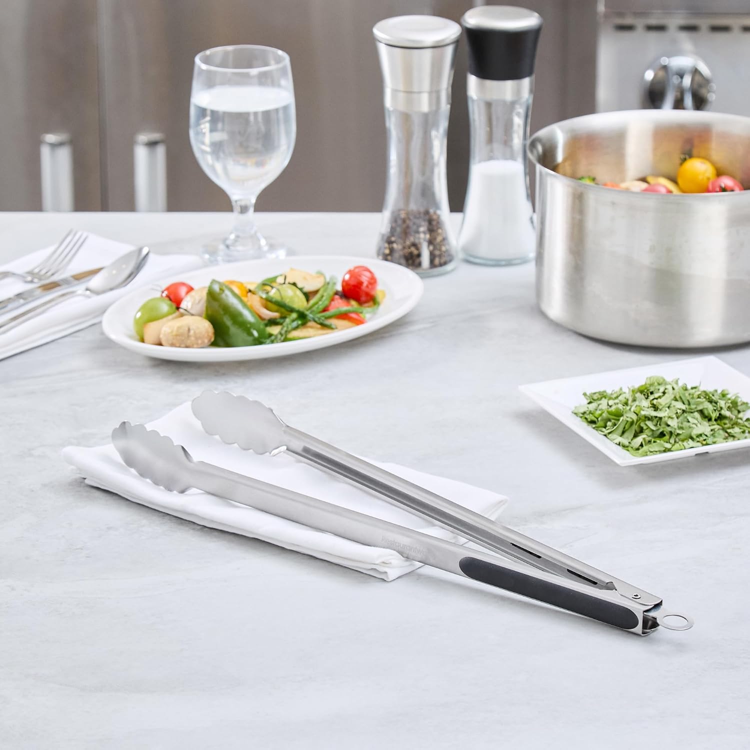 Restaurantware Grilling Tongs - 144 Count Pack - Met Lux 17.6" x 1.38" Stainless Steel Grill Tongs, Scalloped Tips, Ergonomic Design, Heat Resistant - Silicone Handle Barbecue Tool For Outdoor Cooking
