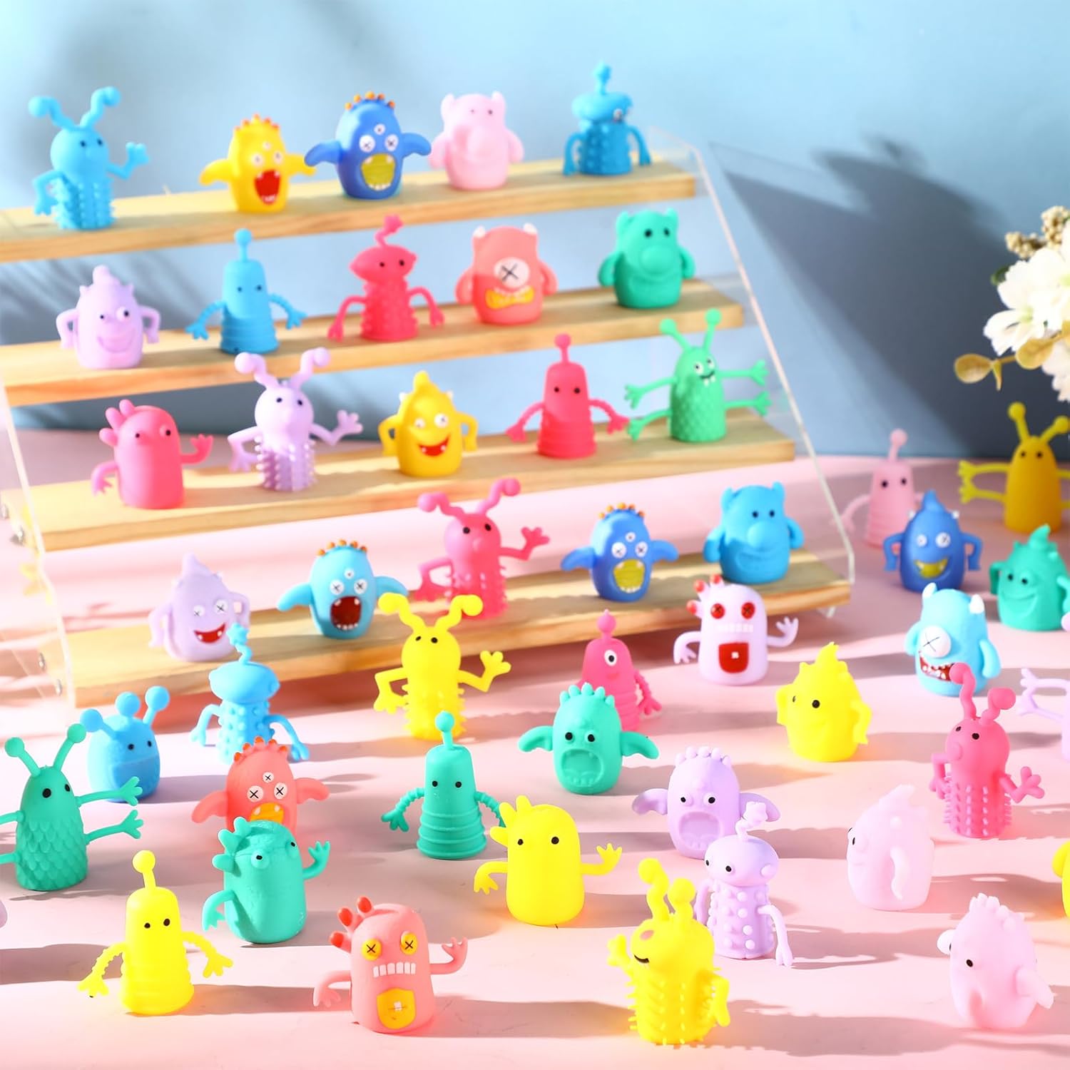 Halloscume 120 Pcs Cute Finger Puppets Toys Monster Stretchy Finger Puppets Funny Colorful Monster Stretchy Toys Soft Rubber Doll Sets for Role Playing Birthday Halloween Kids Party Favors