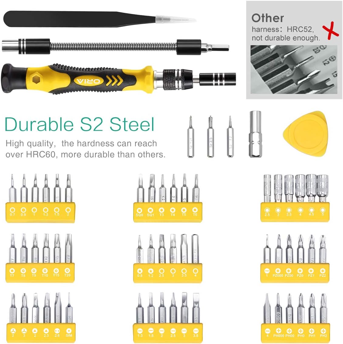 ORIA Precision Screwdriver Set, Magnetic Driver Kit, Nickel Plated S2 Steel 65 in 1 Repair tool kit with 57 Bits for Smartphone, Tablet, PC, Watch, Glasses, Yellow : Tools & Home Improvement