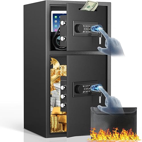 Caja de seguridad extra grande de 6.0 Cub, caja fuerte biométrica con bolsa impermeable ignífuga y ranura de caída, caja de caída con teclado