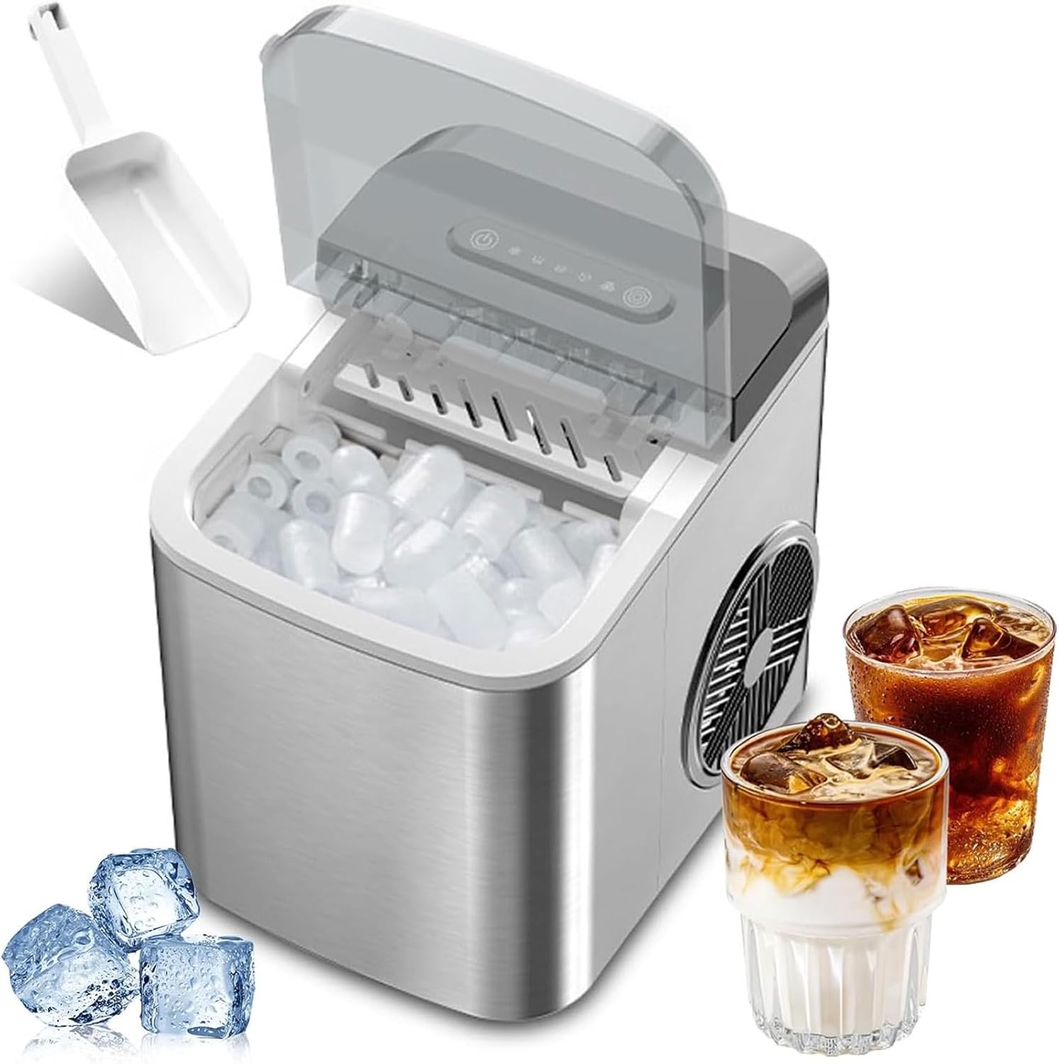 Ice Maker Machine for Home,Portable Small Clear Ice Cube Maker with LED Touch Display Panel,2 Bullet Ice Sizes,Ice Ready in 6 Mins,12kg/26lb in 24h,for Kitchen/Party/bar