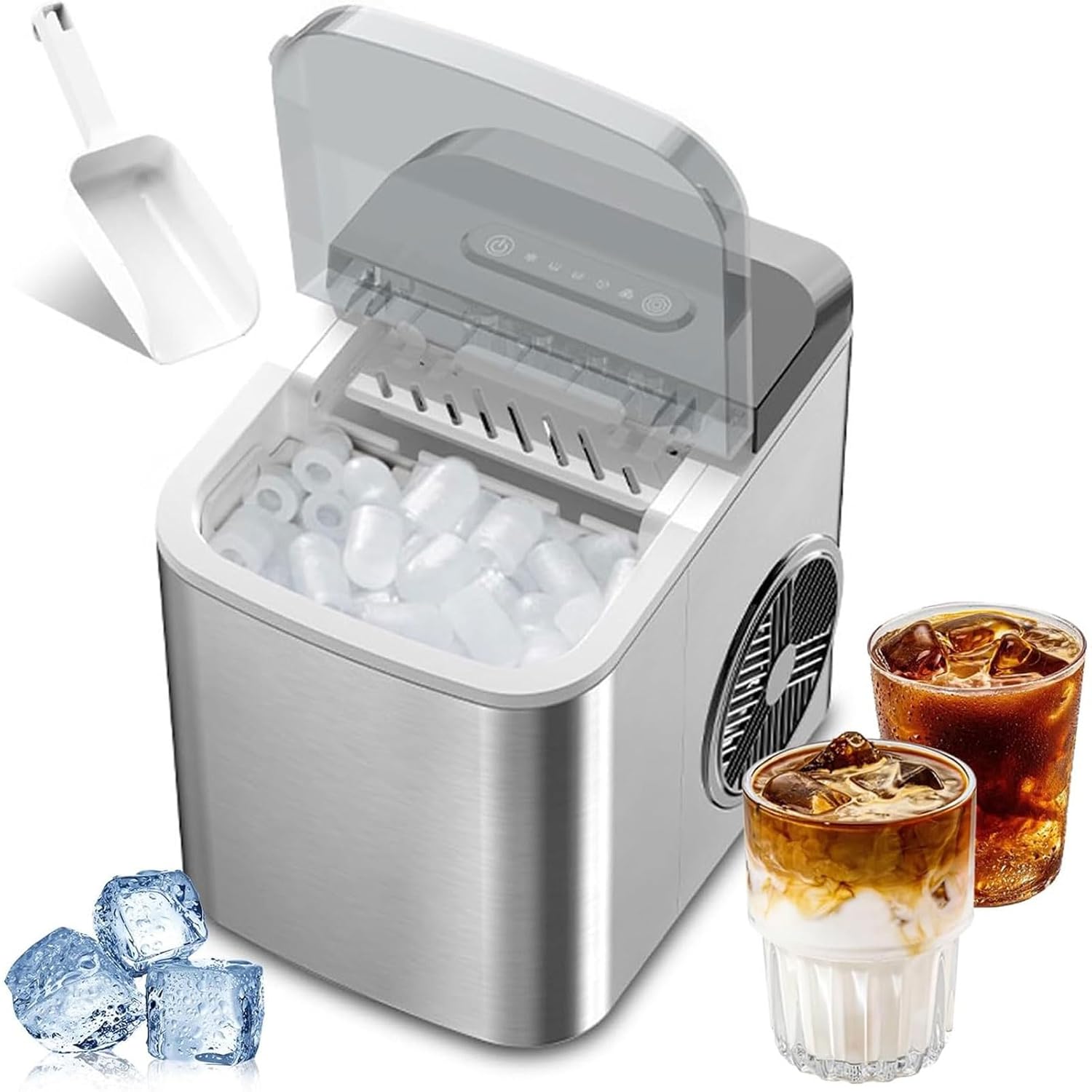 Ice Maker Machine for Home,Portable Small Clear Ice Cube Maker with LED Touch Display Panel,2 Bullet Ice Sizes,Ice Ready in 6 Mins,12kg/26lb in 24h,for Kitchen/Party/bar