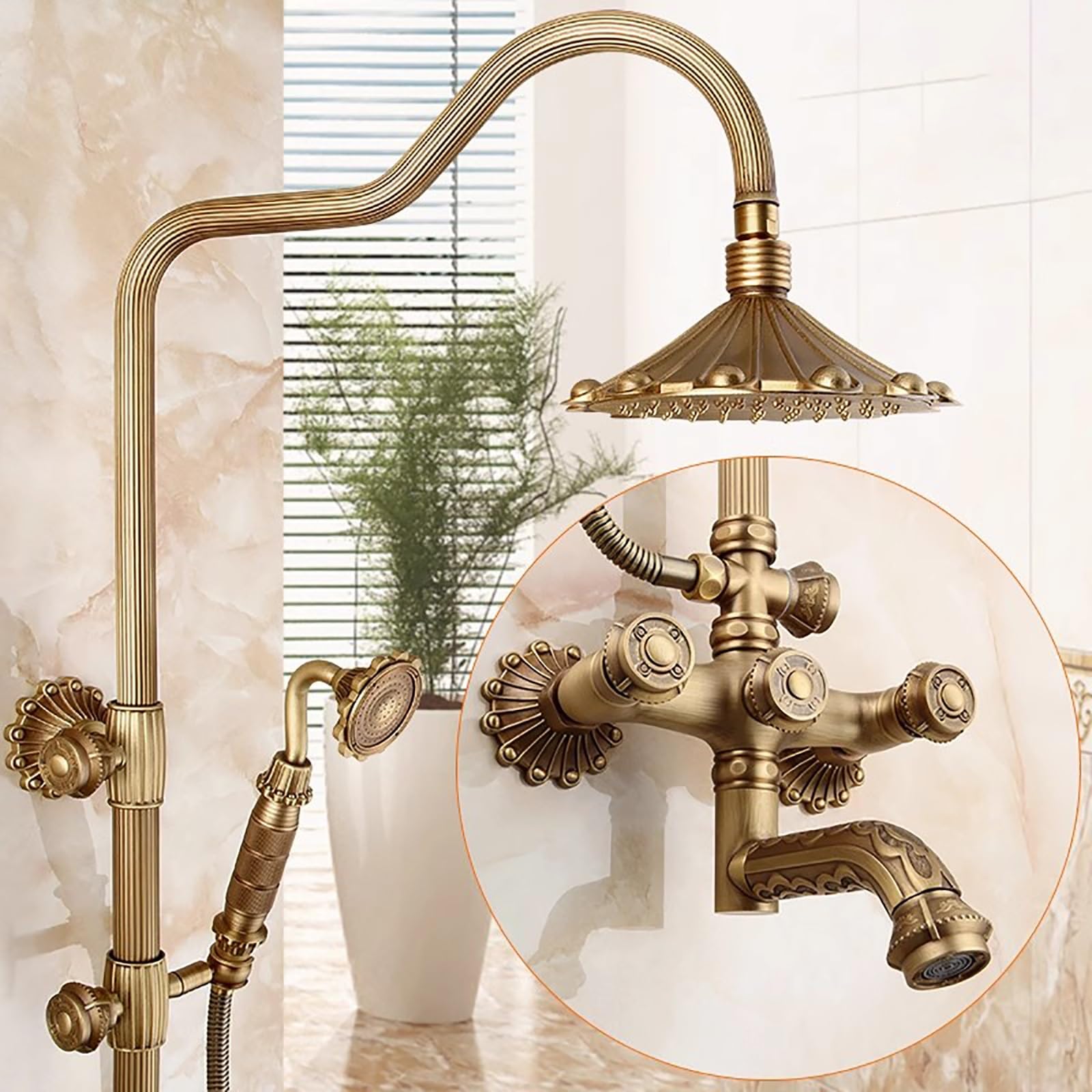 Système de Douche en Laiton Antique, Système de Douche à 3 Fonctions avec Tuyau Apparent, Douchette Supérieure de 21 cm, Douchette à Main et Robinet Rotatif(A2)