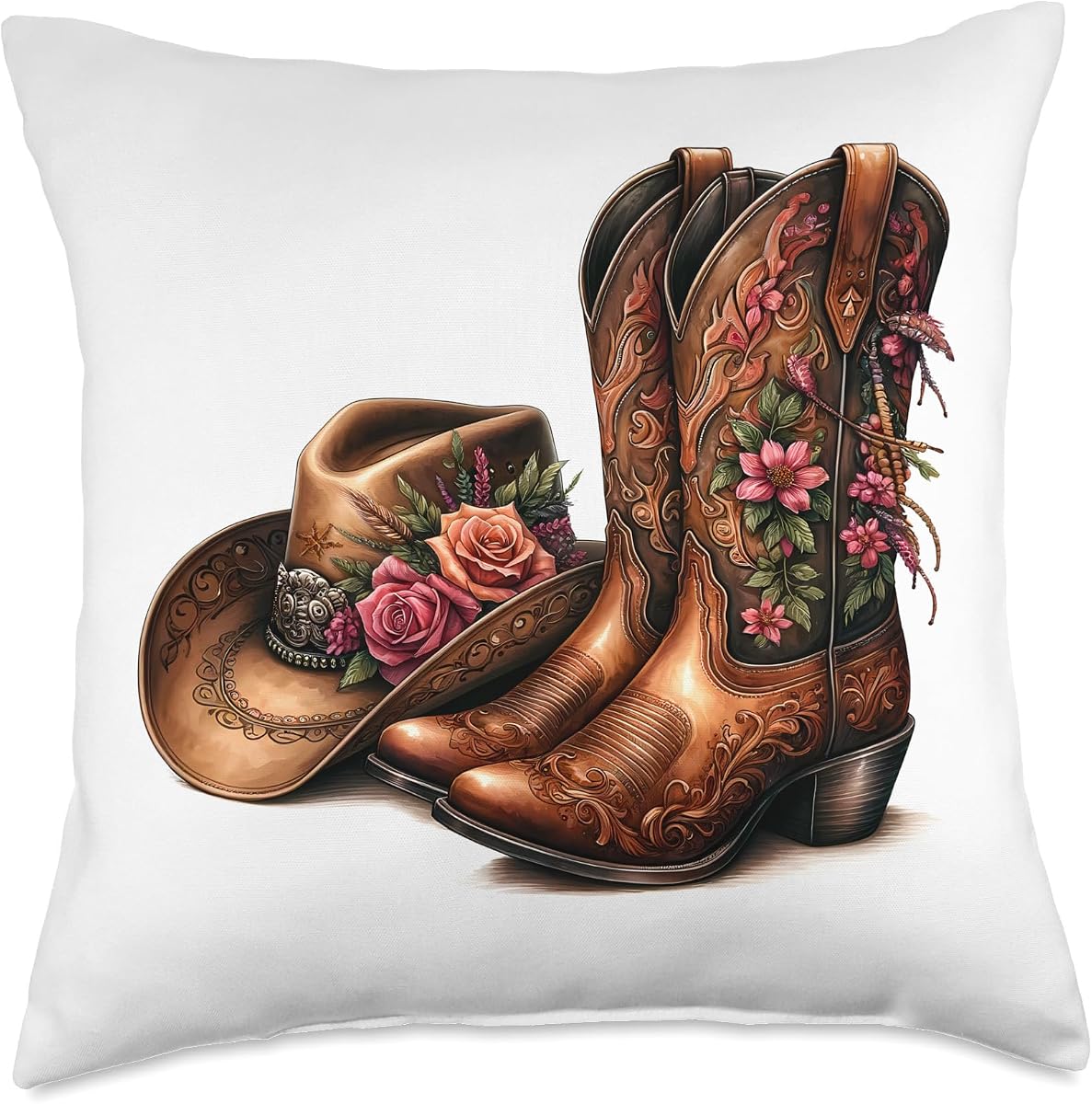 Utopia Sport Cowgirl Shop Western Boho Cowgirl Floral Boots and Hat 4 Throw Pillow, 18x18, Multicolor