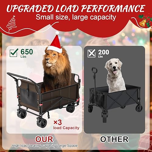 Miniatura 2 de LEVELEVE Carro plegable resistente, carrito plegable 2 en 1, capacidad de 650 libras, ruedas todo terreno con frenos y bolsillos laterales (marrón)