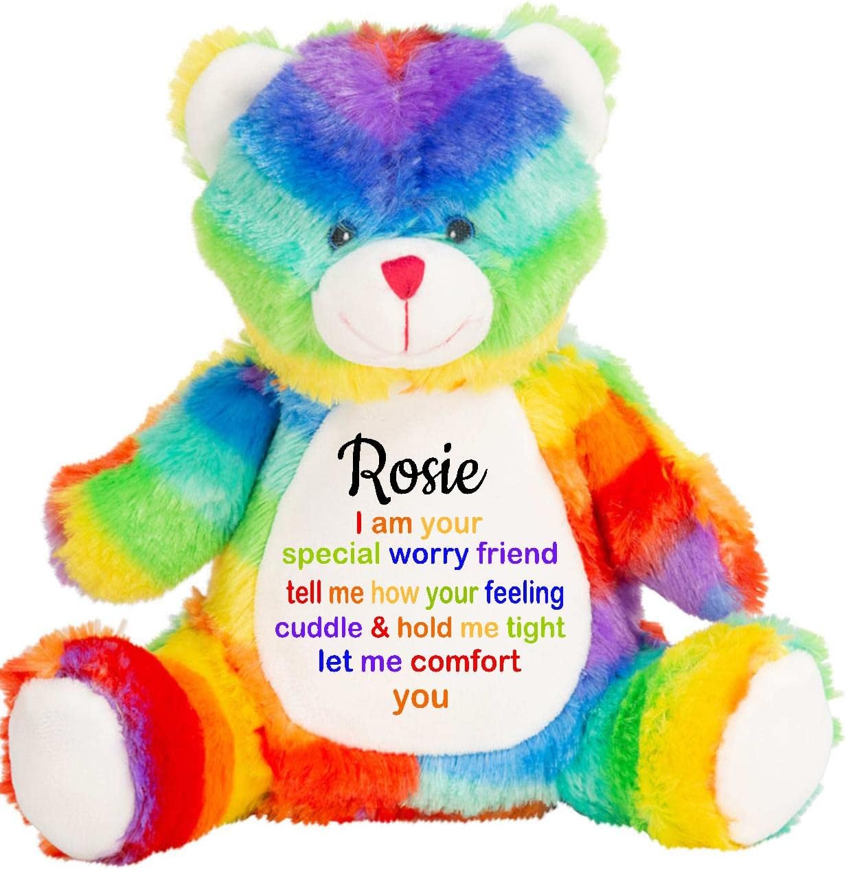 TM THREADSPersonalised Rainbow Worry Bear, Soft Plush Bear Stress & Anxiety Relief ADHD, Autism Fidget