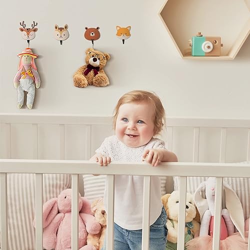 Miniatura 7 de Tatuo 4 ganchos de pared para niños, diseño de animales de safari de madera, ganchos decorativos para colgar abrigos, temática de animales de selva,