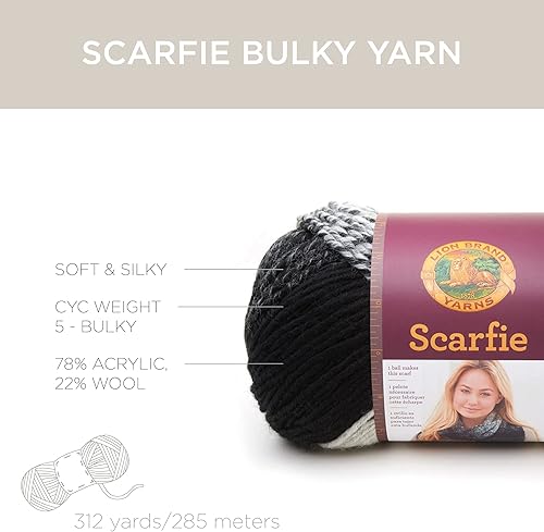 Miniatura 4 de Lion Brand Yarn Scarfie - Ovillo de lana voluminoso, color negro y rosa intenso (1 madeja)