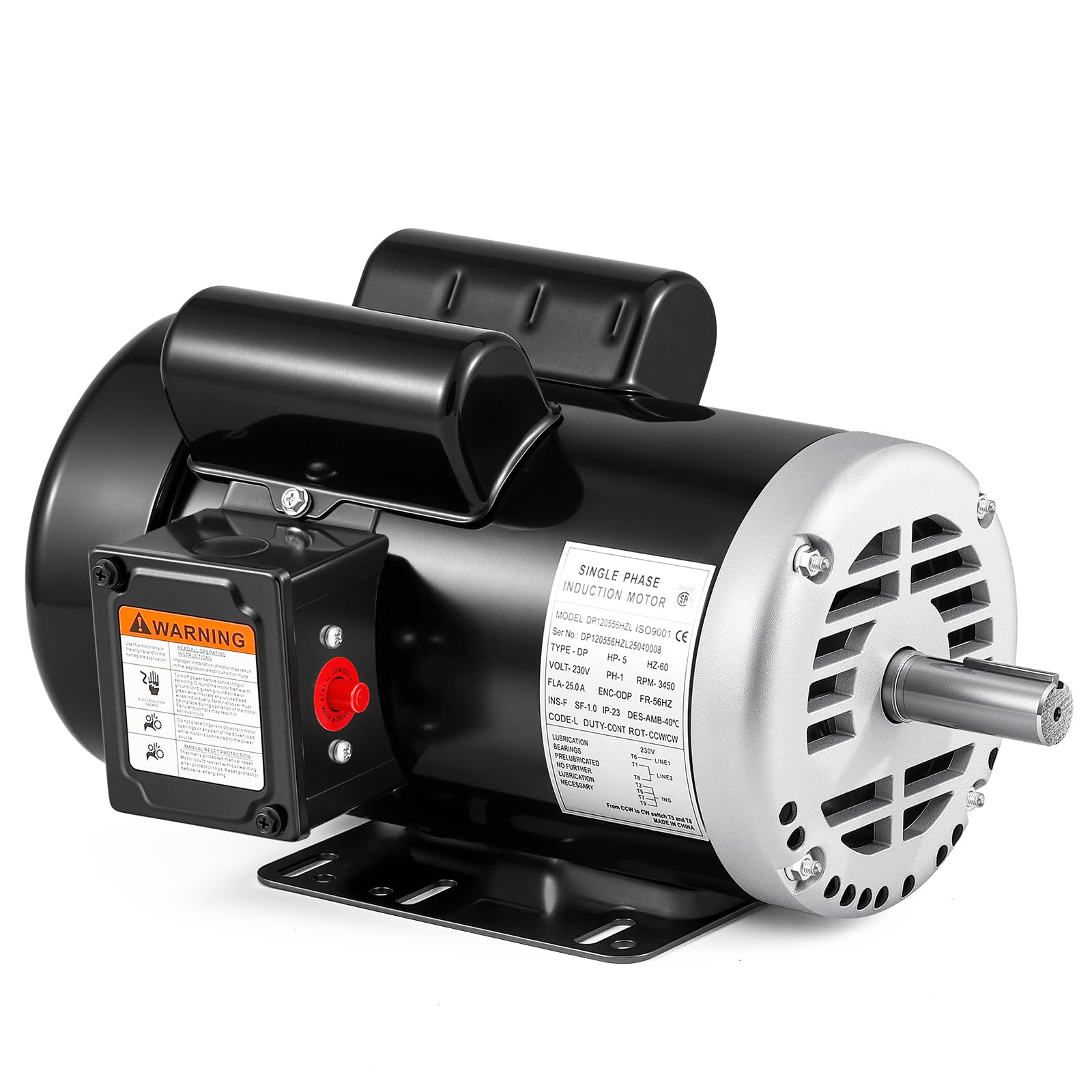 Bonvoisin Motor de compresor de aire de 5 HP, motor eléctrico monofásico | Marco de 56 Hz, 3450 RPM, eje con llave de 2,2 cm, longitud del eje de 5,71 cm, rotación CCW/CW, 230 V, 25 amperios